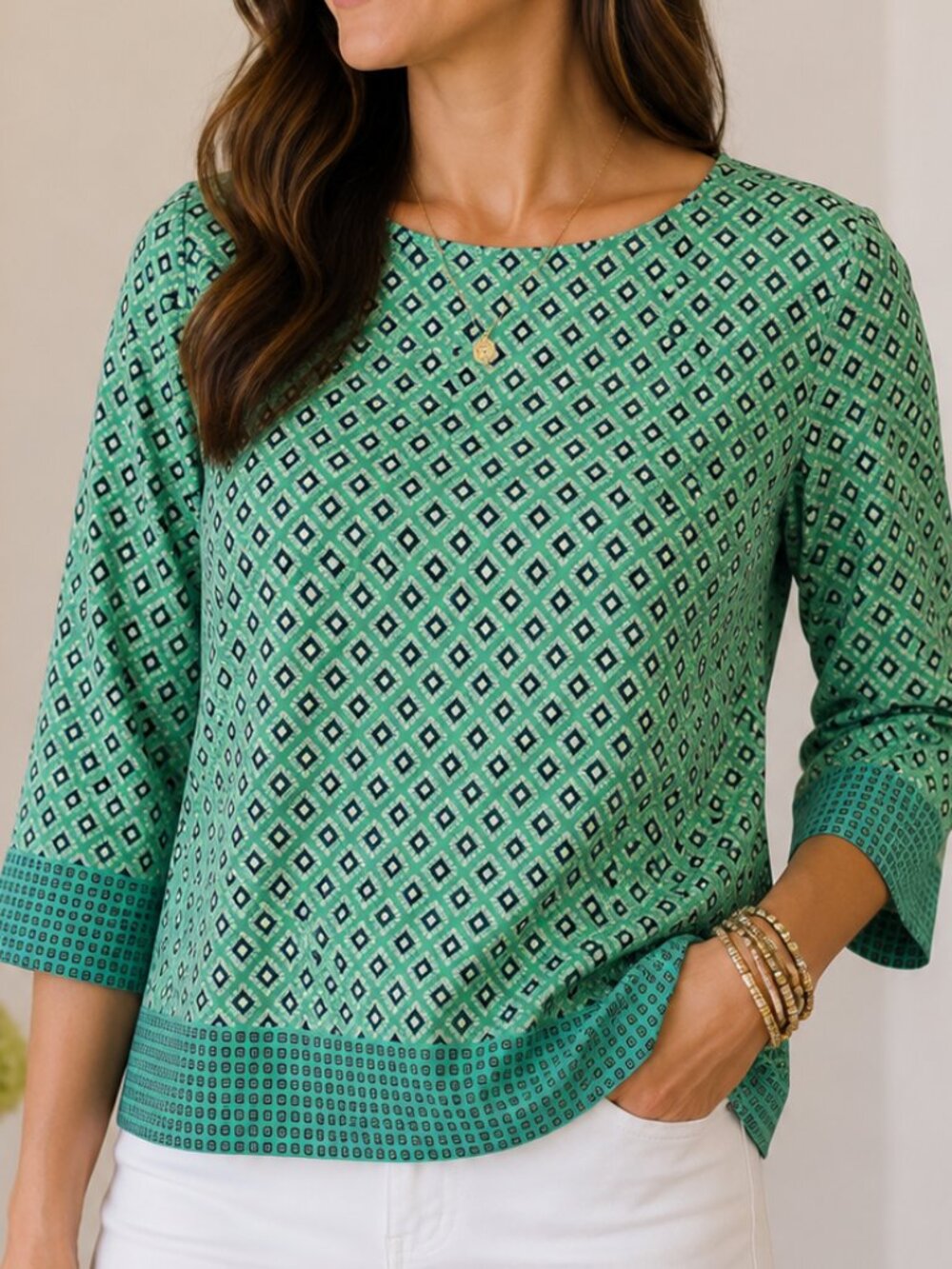 J.Crew Mint Green Geometric Print Blouse Medium 3/4 Sleeve Preppy Top